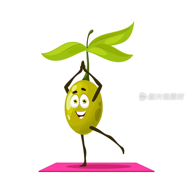 Olive berry cartoon character on yoga sport mat